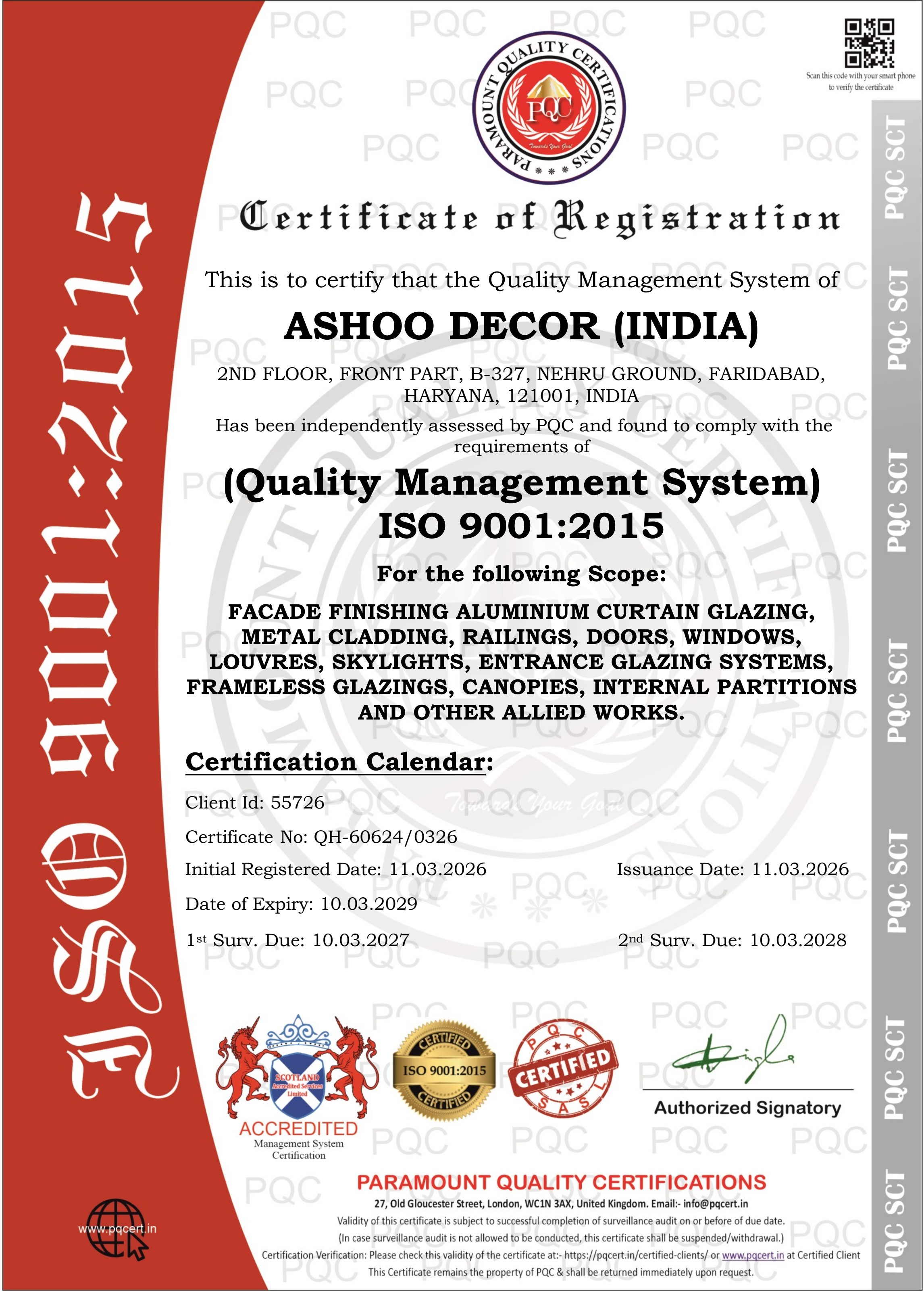 ISO 9001:2015 Certificate of Registration for Ashoo Decor (India)